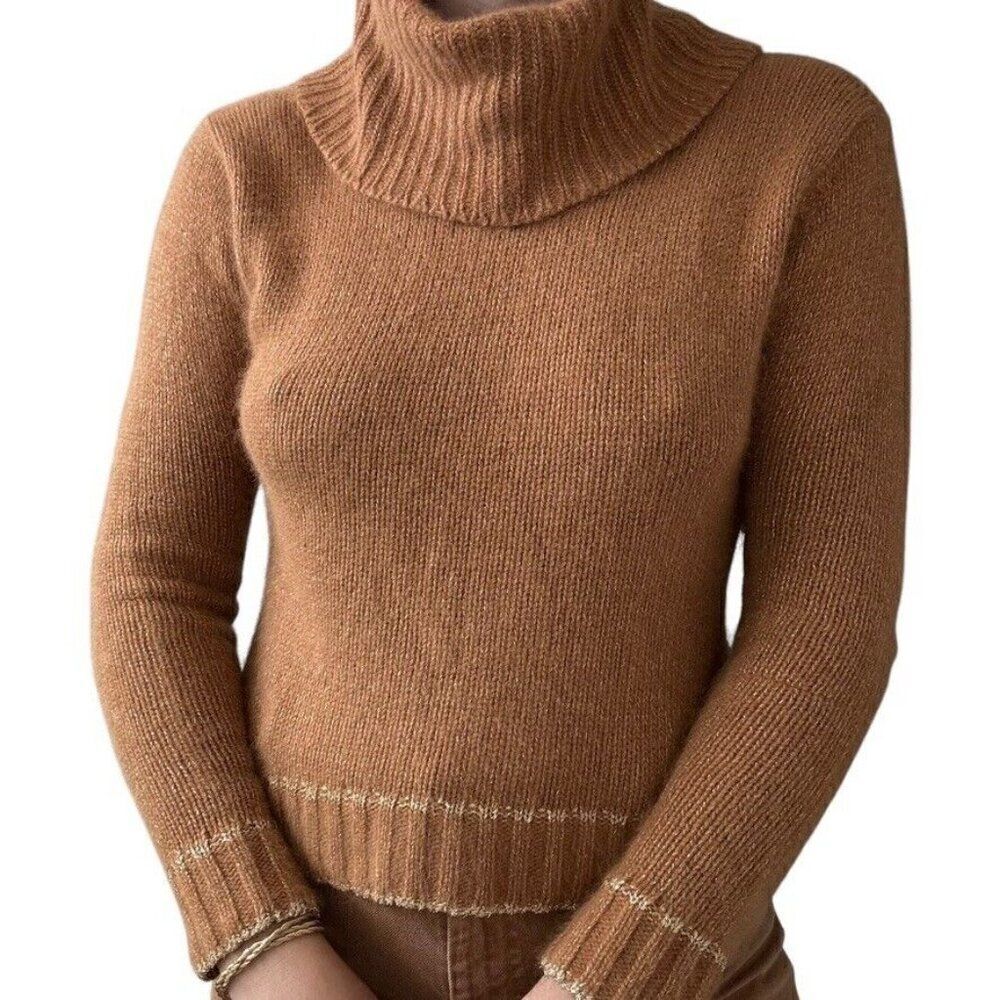 Vintage Womens Tan Brown Gold Angora Blend Soft Fuzzy Fluffy Cowl Neck Sweater S - Picture 6 of 6